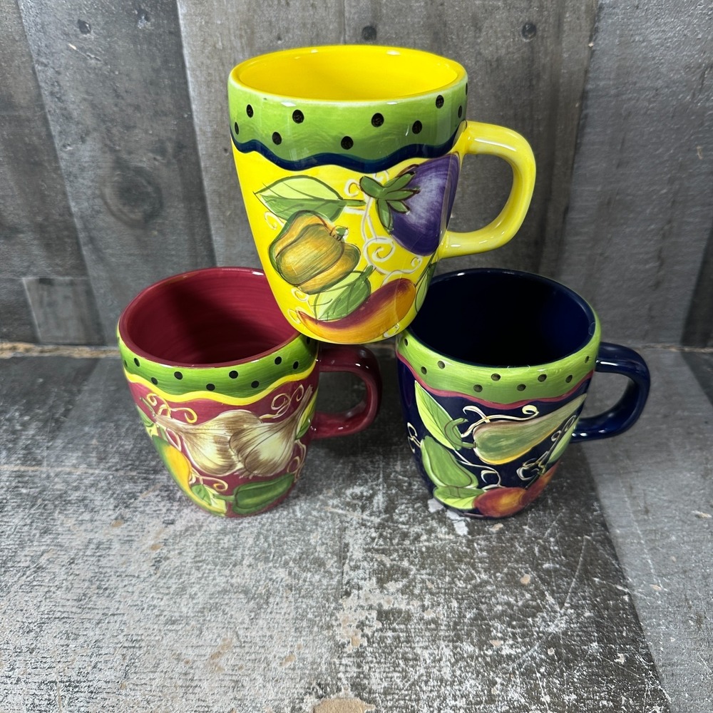 Laurie Gates Market Garden Coffee/Tea Mug Cup Hand-Painted Vegetables (Set Of 3)